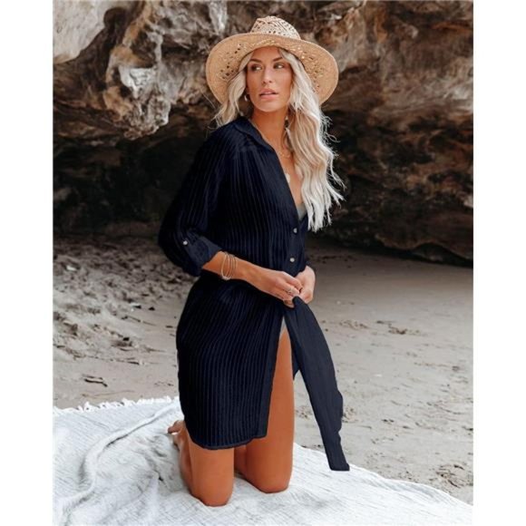 Womens Beachwear Cover Up, Long Sleeve Button Down Beach Shirt with Belt - Picture 6 of 8